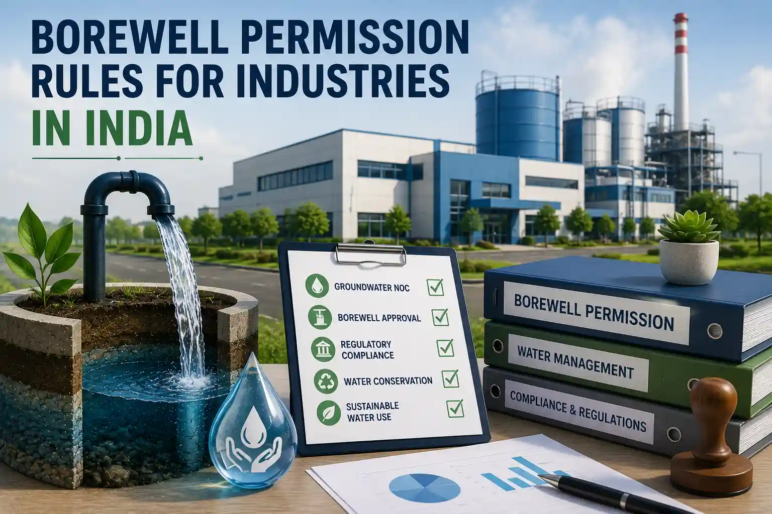 Borewell Permission Rules for Industries in India showing industrial borewell, groundwater extraction system, regulatory compliance documents, and modern manufacturing facility.