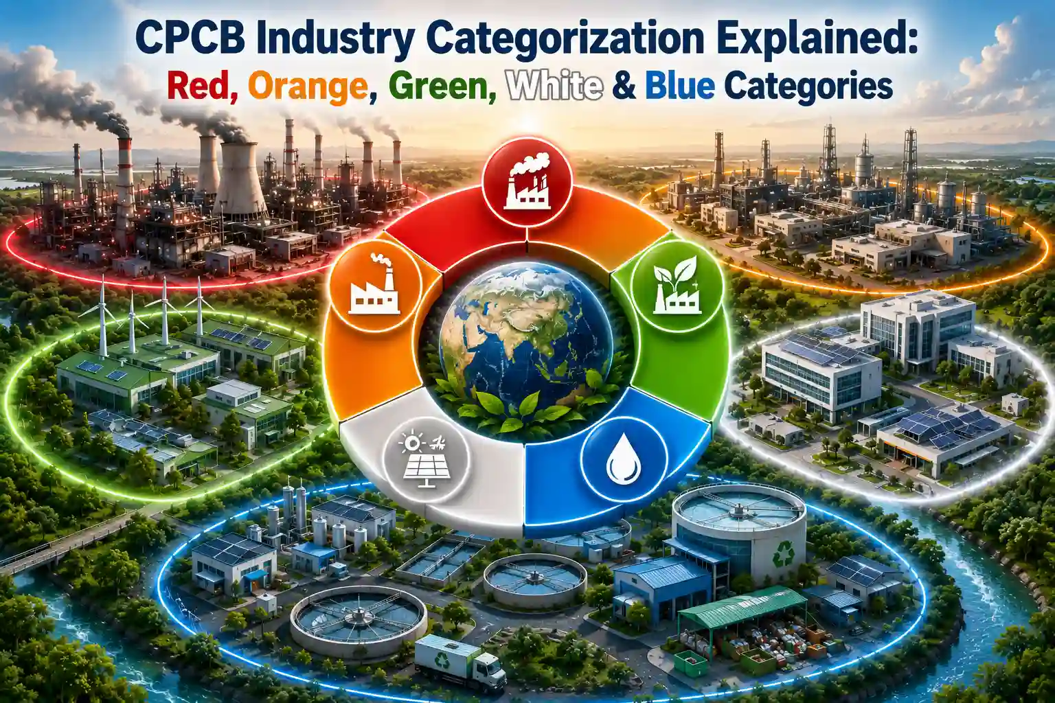 Environmental compliance infographic showing different industrial pollution categories under CPCB guidelines.