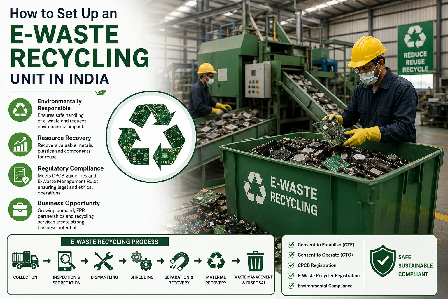 E-waste recycling plant showing dismantling and material recovery