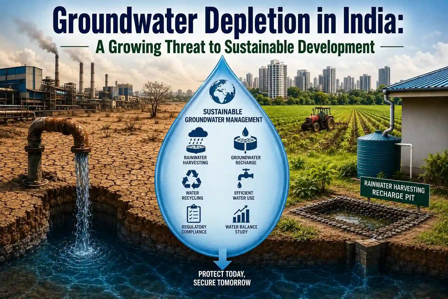 Sustainable groundwater recharge through rainwater harvesting and recharge wells