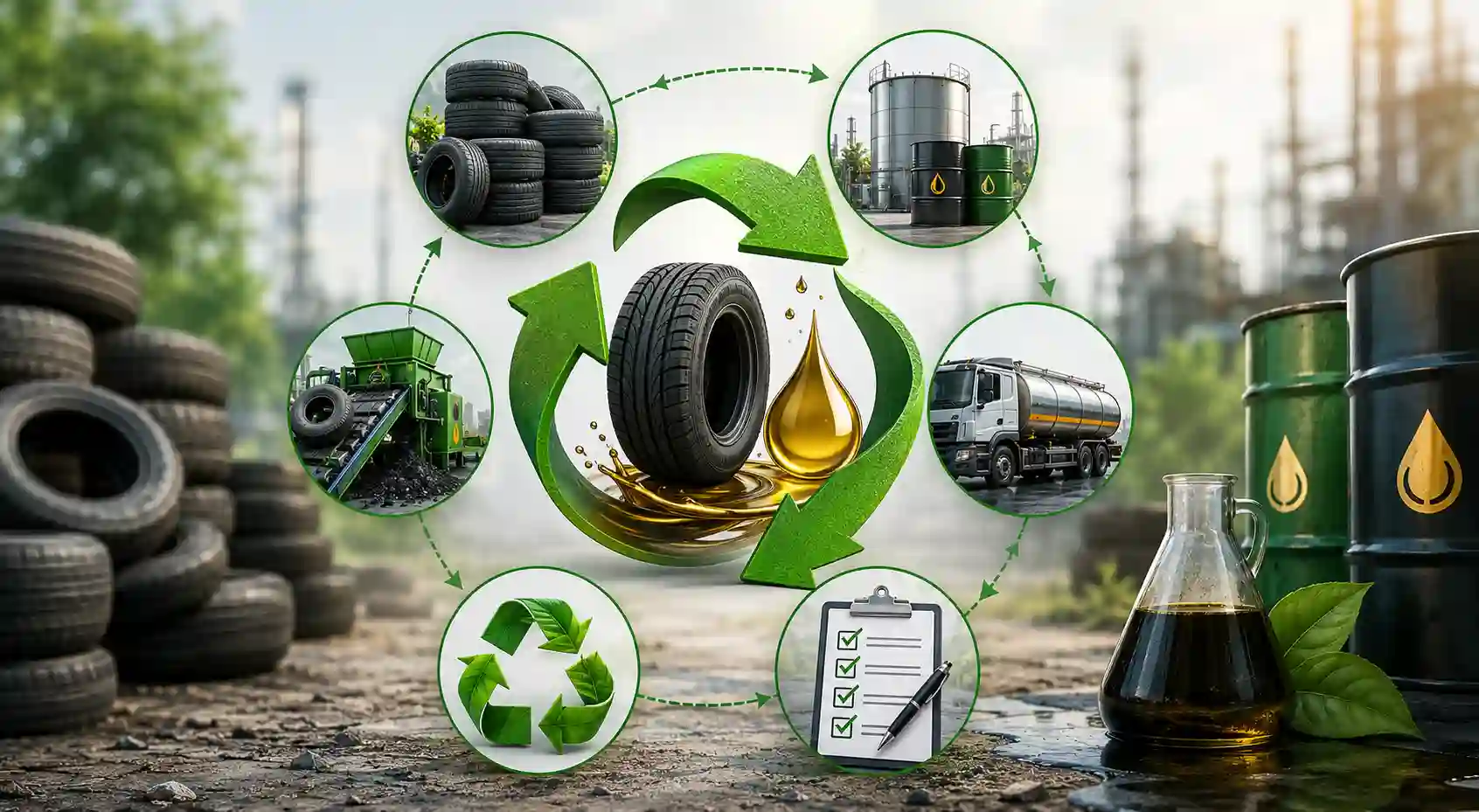End-of-life vehicle recycling and scrapping illustration showing dismantling process, automotive recycling, vehicle scrapping facility, recyclers, scrap yard, circular economy, and eco-friendly vehicle disposal system.