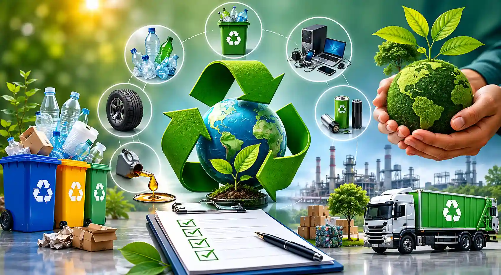 Sustainable EPR waste management illustration showing recycling process, plastic waste, e-waste, battery recycling, tyre waste, used oil disposal, green earth concept, recycling truck, and environmental compliance ecosystem.