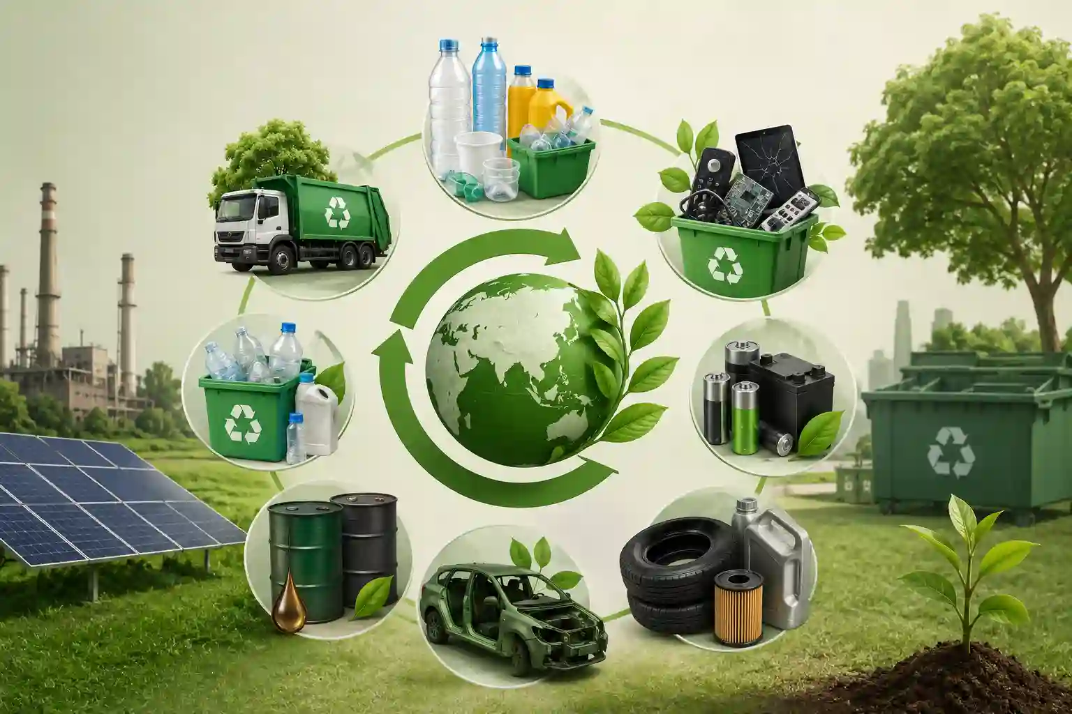 Industrial recycling concept showing waste tyre recycling, used oil management, authorized recycling process, oil barrels, recycling arrows, transport tanker, and environmentally safe disposal system.