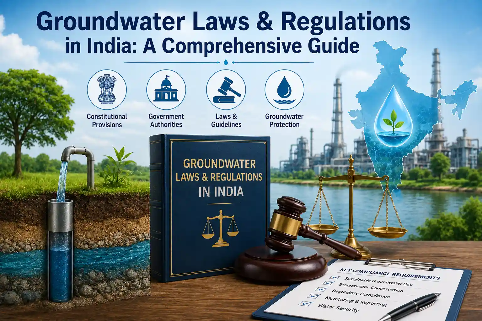 Illustration of groundwater laws and regulations in India, highlighting CGWA guidelines, state groundwater authorities, Groundwater NOC, and sustainable groundwater management.