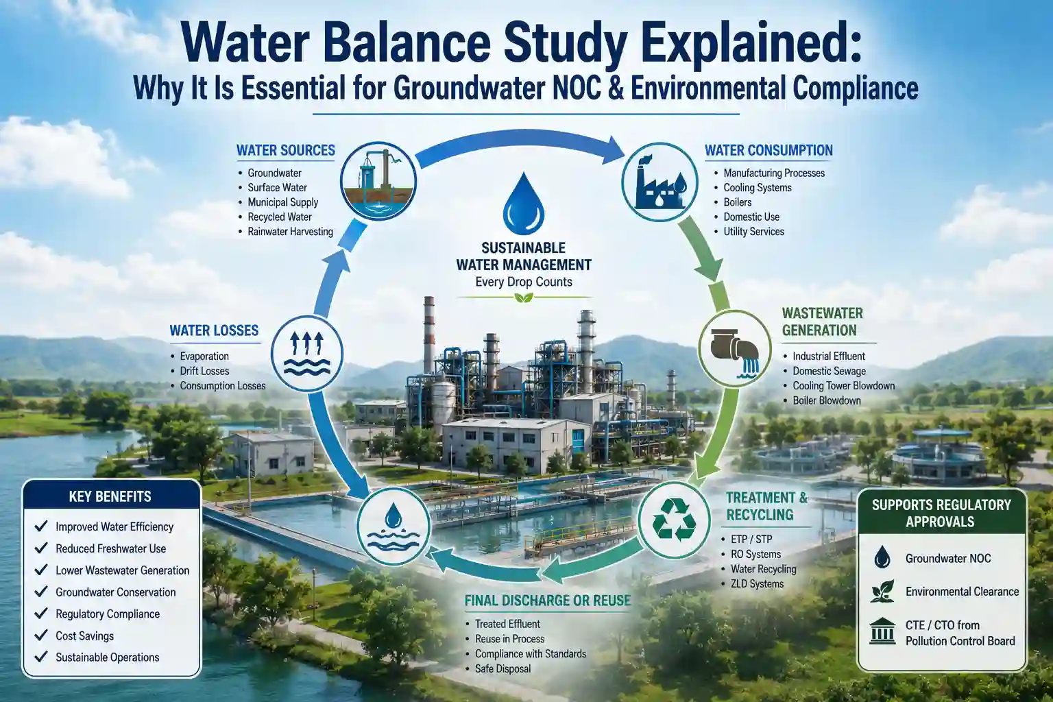 Water Balance Study illustrating water input, treatment, reuse, and discharge