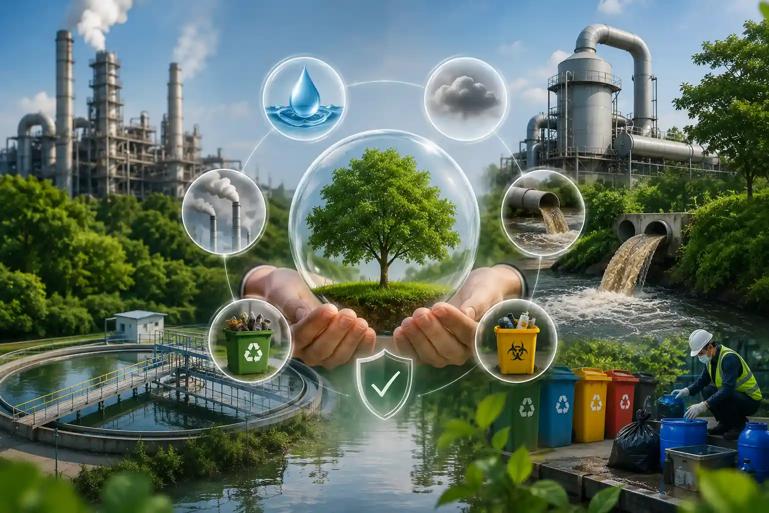 Environmental pollution control objectives showing water treatment, air emission control, industrial waste management, and hazardous waste compliance in India