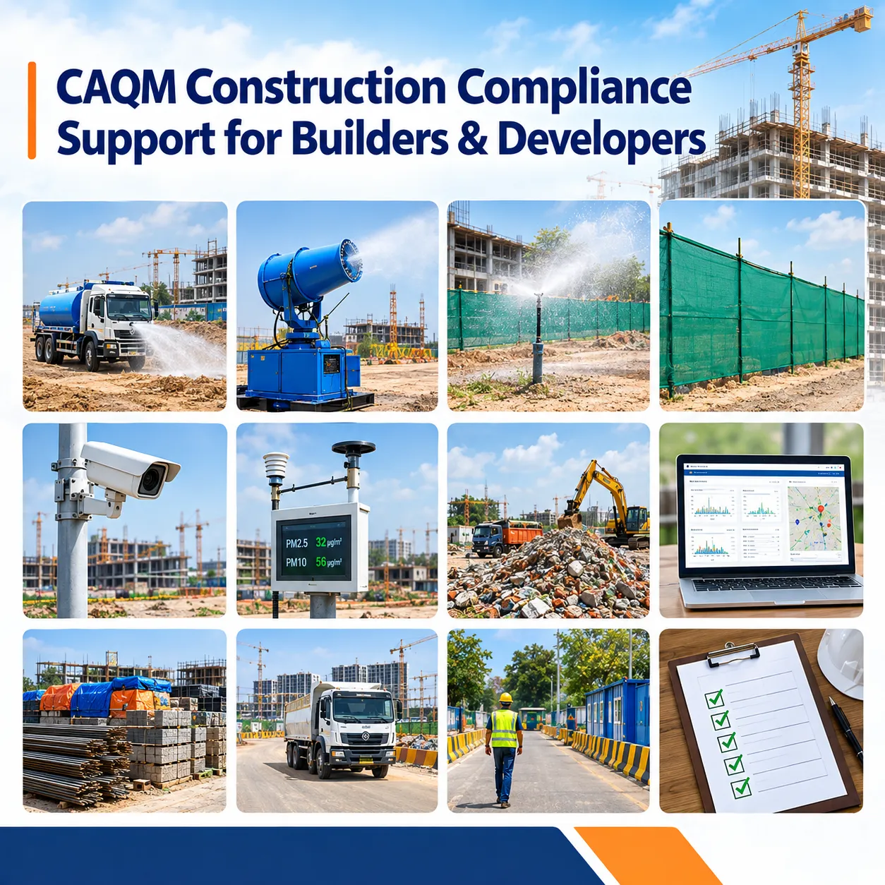 CAQM construction compliance support for builders and developers, including dust suppression, anti-smog guns, water sprinkling, CCTV monitoring, and C&D waste management.